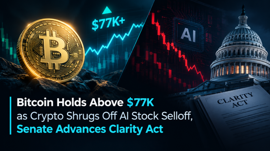 Bitcoin Holds Above $77K as Crypto Shrugs Off AI Stock Selloff, Senate Advances Clarity Act